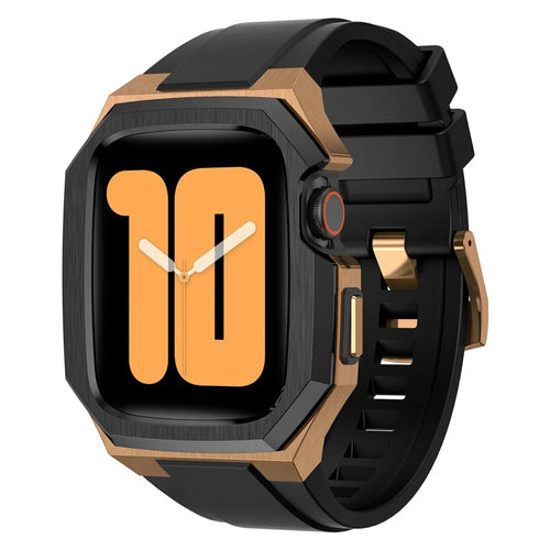 For Apple Watch Series 9 8 7 45mm Band Fluororubber Watch Strap with Stainless Steel Bezel Case - Black  /  Gold - 1