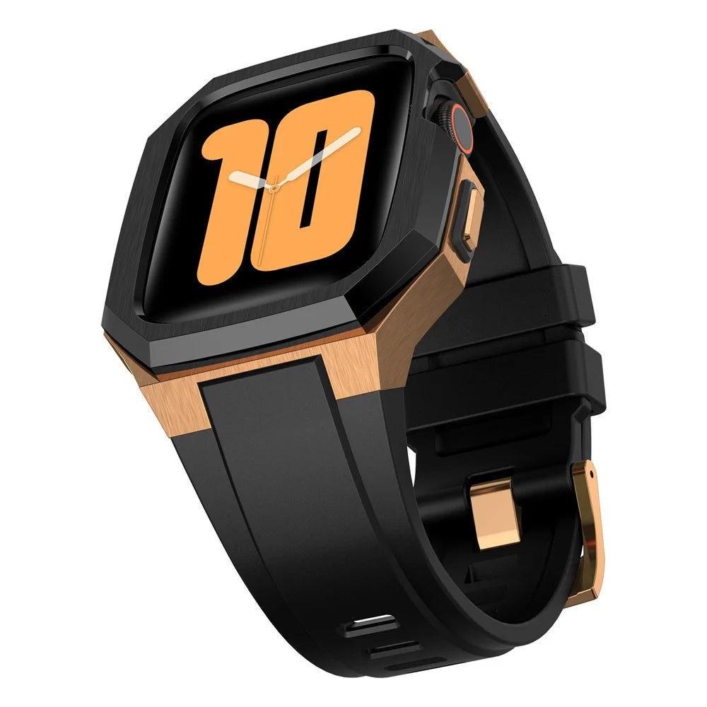 For Apple Watch Series 9 8 7 45mm Band Fluororubber Watch Strap with Stainless Steel Bezel Case - Black  /  Gold - 2