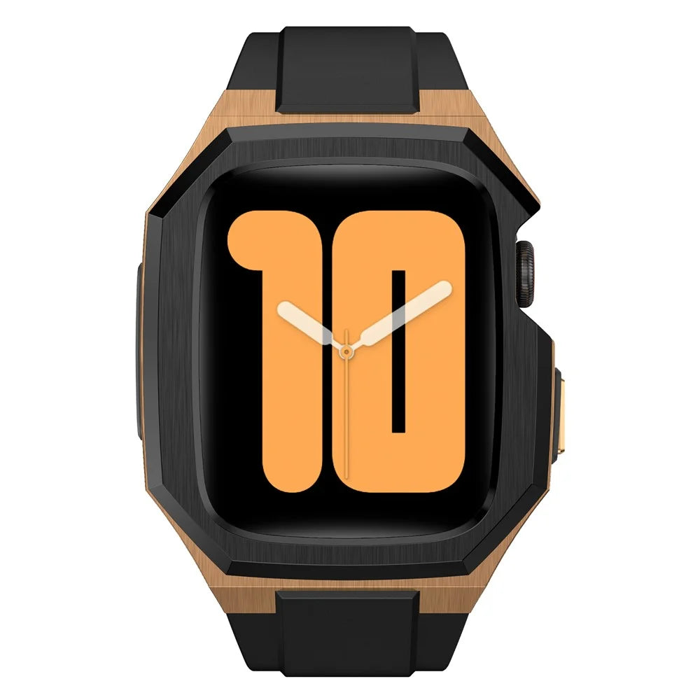 For Apple Watch Series 9 8 7 45mm Band Fluororubber Watch Strap with Stainless Steel Bezel Case - Black  /  Gold - 3