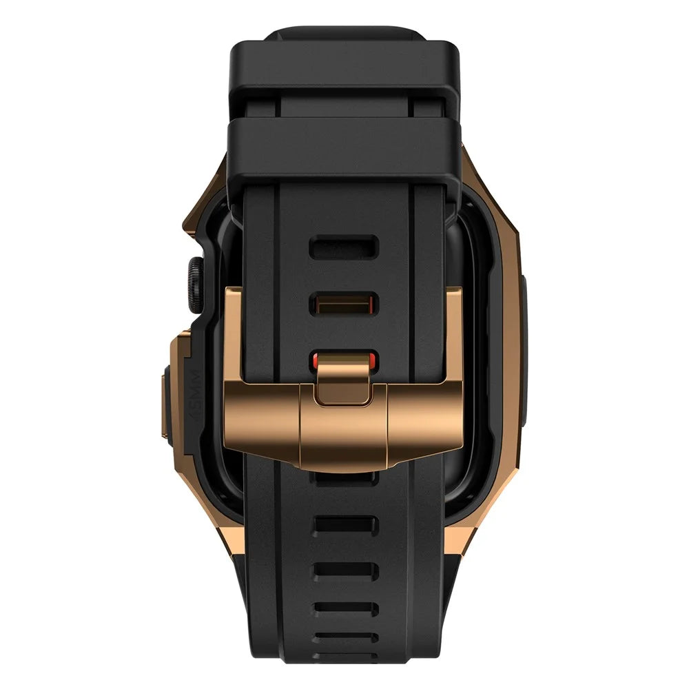 For Apple Watch Series 9 8 7 45mm Band Fluororubber Watch Strap with Stainless Steel Bezel Case - Black  /  Gold - 4