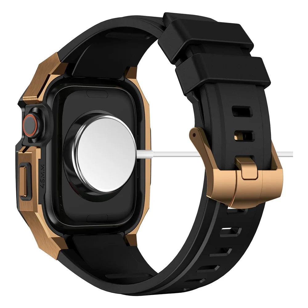 For Apple Watch Series 9 8 7 45mm Band Fluororubber Watch Strap with Stainless Steel Bezel Case - Black  /  Gold - 5