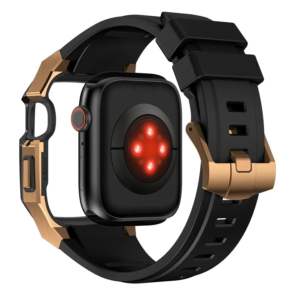 For Apple Watch Series 9 8 7 45mm Band Fluororubber Watch Strap with Stainless Steel Bezel Case - Black  /  Gold - 6