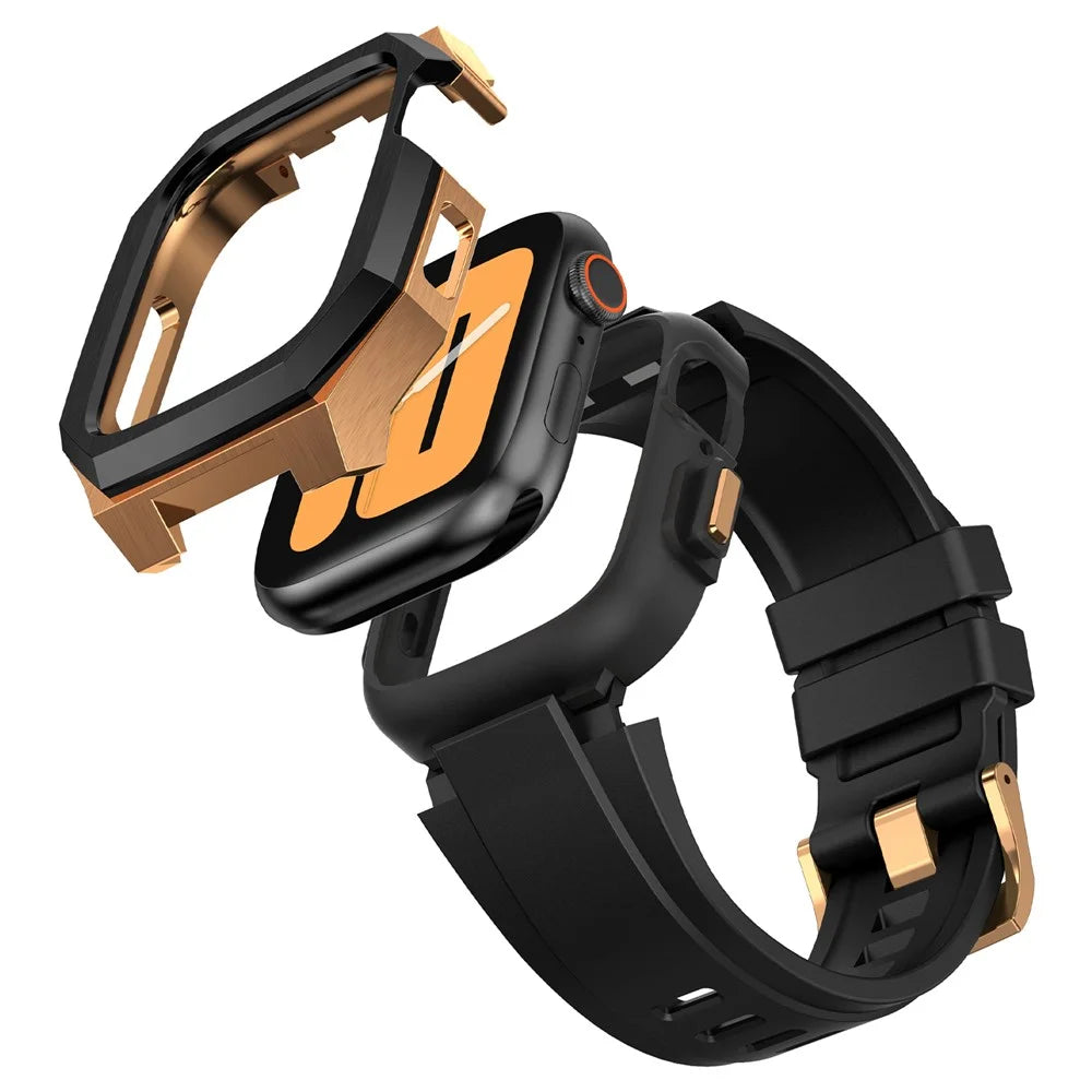 For Apple Watch Series 9 8 7 45mm Band Fluororubber Watch Strap with Stainless Steel Bezel Case - Black  /  Gold - 7