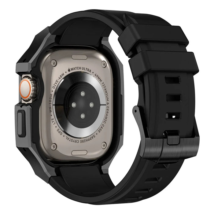 For Apple Watch Ultra 2 Ultra 49mm Soft Fluororubber Strap with Stainless Steel Wristwatch Case - Black - 4
