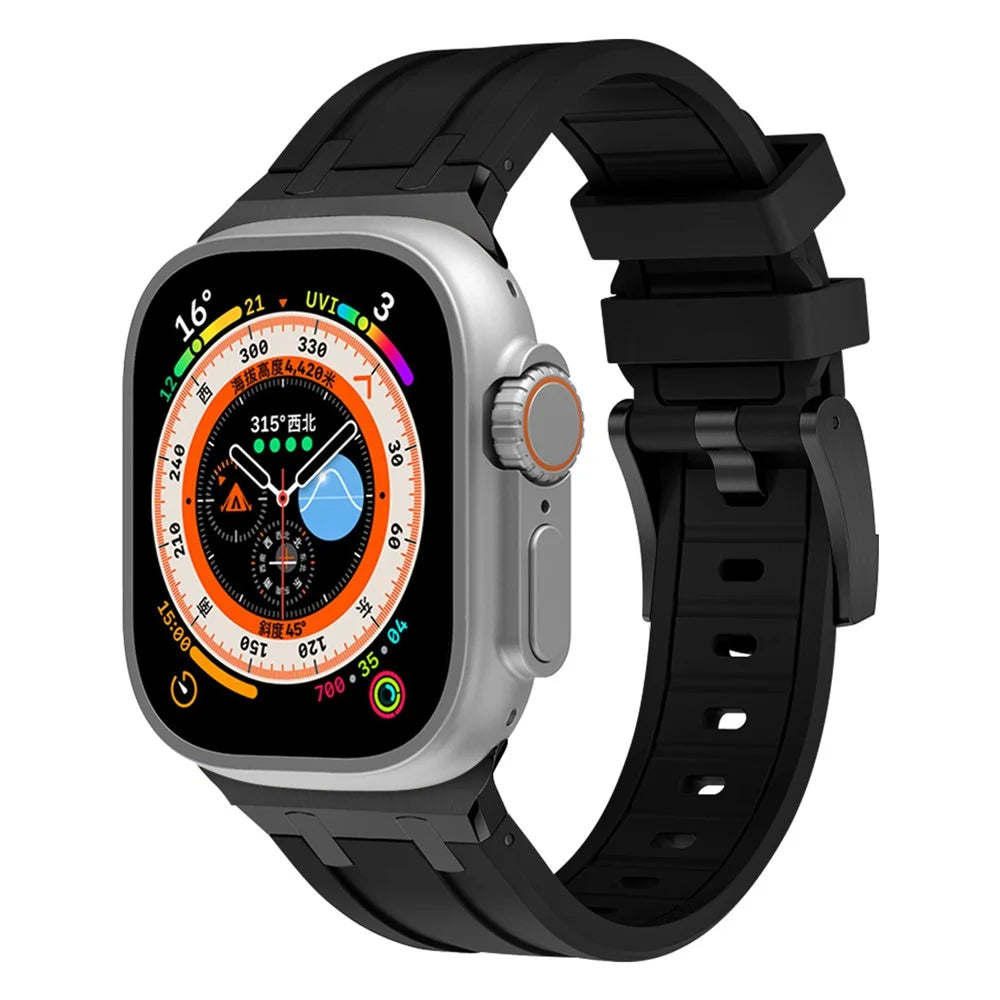 For Apple Watch Ultra 3 2 1 49mm / Series 11 10 46mm / 9 8 7 45mm / SE3 SE2 SE 6 5 4 44mm / 3 2 1 42mm Liquid Silicone Watch Band - Black+Black - 2