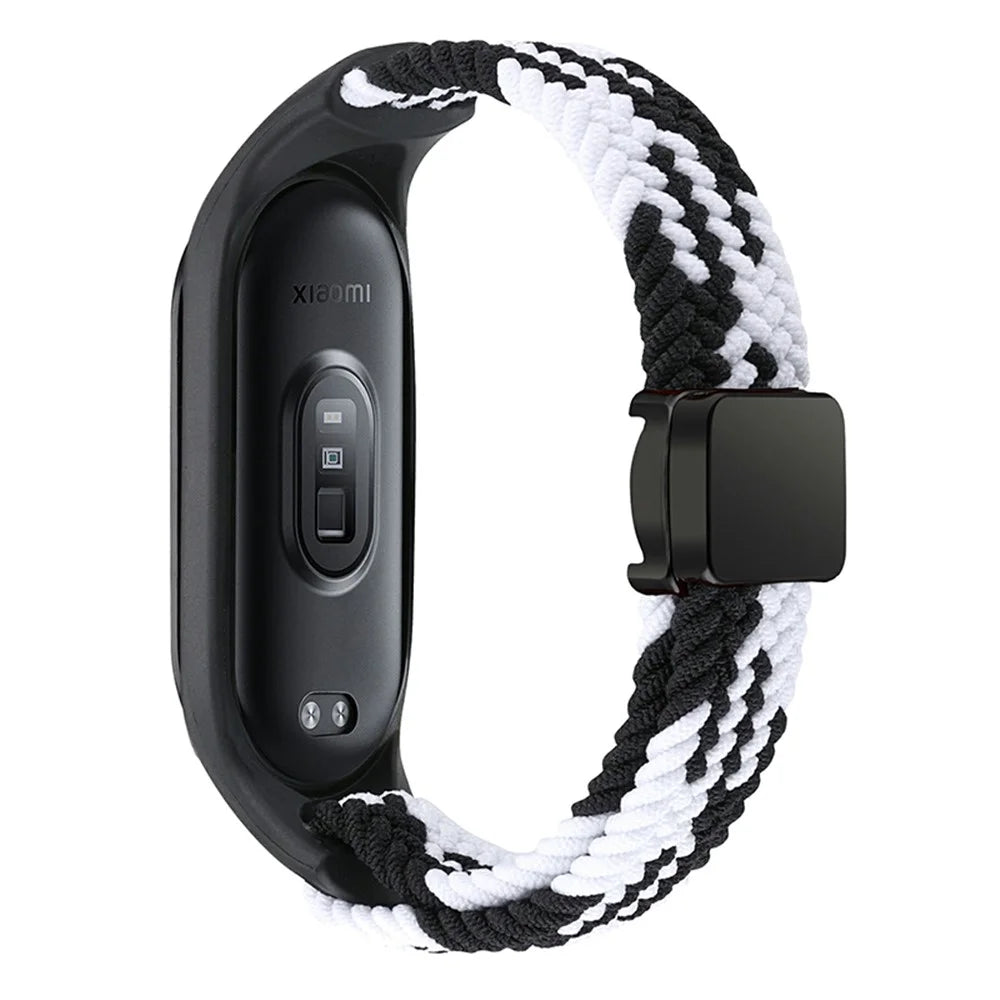 For Xiaomi Mi Band 3 / 4 / 5 / 6 / 7 Braided Nylon Strap Magnetic Watch Band - Black / White - 1