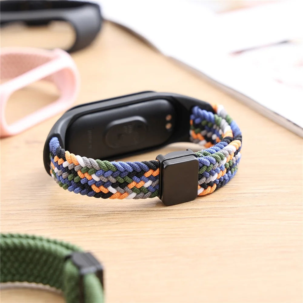 For Xiaomi Mi Band 3 / 4 / 5 / 6 / 7 Braided Nylon Strap Magnetic Watch Band - Black / White - 6