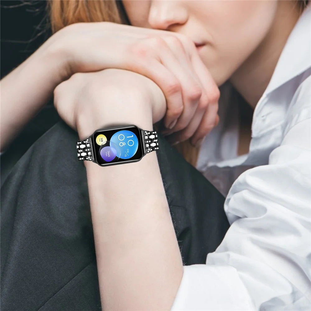 For Xiaomi Smart Band 10 Pro / 9 Pro / 8 Pro / Redmi Watch 6 / 5 / 4 3 Rows Rhinestone Zinc Alloy Watch Band Women Replacement Strap - Black+White - 5