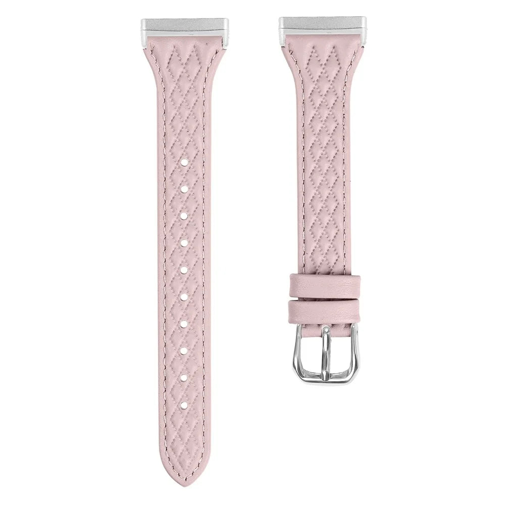 For Fitbit Versa 3 / Sense Top-layer Cow Leather Rhombus Design Watch Strap - Pink - 1