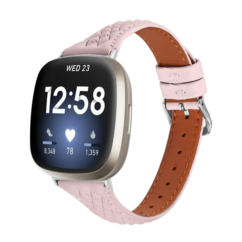 For Fitbit Versa 3 / Sense Top-layer Cow Leather Rhombus Design Watch Strap - Pink - 2