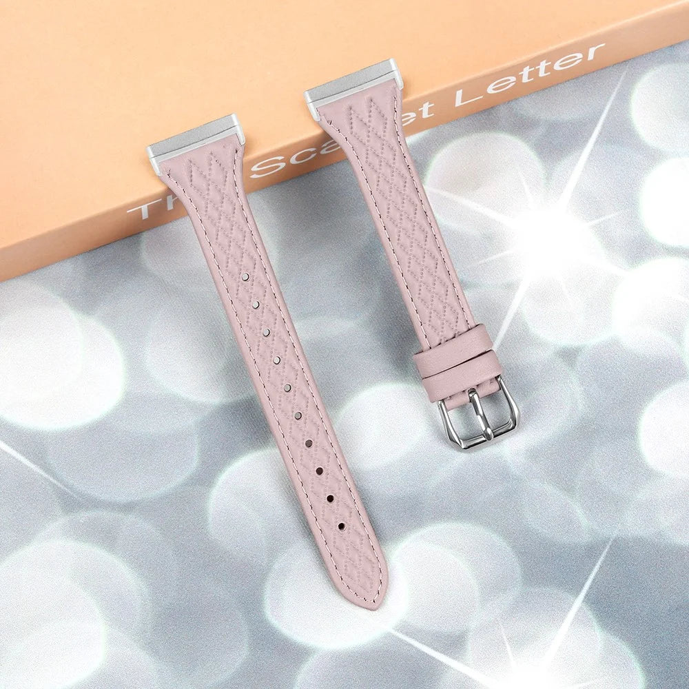 For Fitbit Versa 3 / Sense Top-layer Cow Leather Rhombus Design Watch Strap - Pink - 4