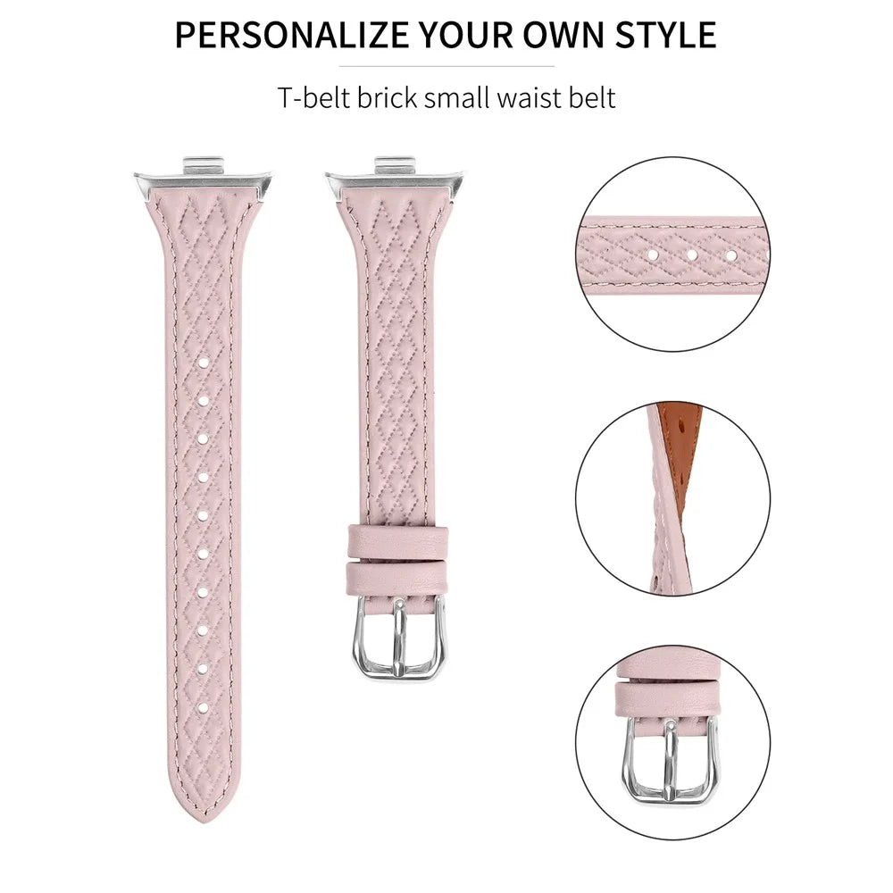 For Xiaomi Smart Band 10 Pro / 9 Pro / 8 Pro / Redmi Watch 6 / 5 / 4 Replacement Rhombus Imprinted Genuine Cow Leather Watch Strap - Pink - 3