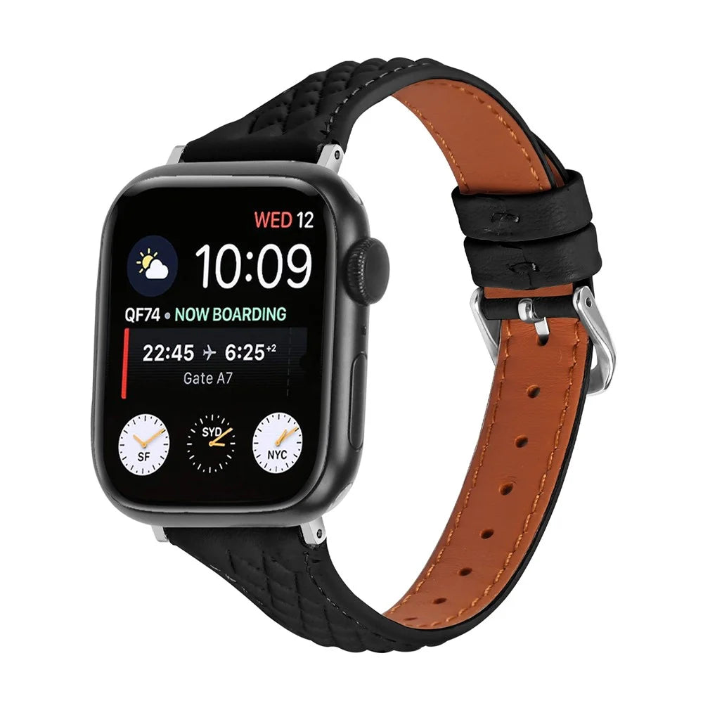 For Apple Watch Ultra 3 2 1 49mm / Series 11 10 46mm / 9 8 7 45mm / SE3 SE2 SE 6 5 4 44mm / 3 2 1 42mm Top-Layer Cow Leather Watch Strap - Black - 2