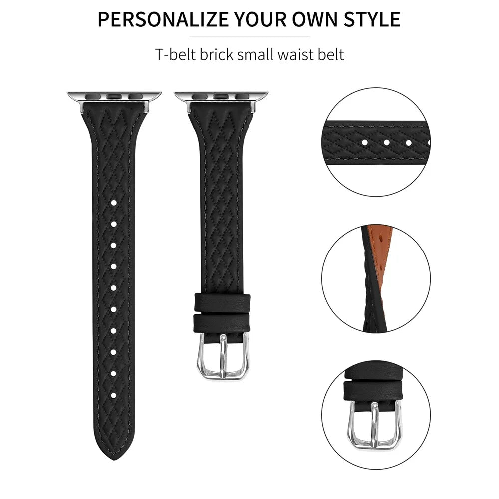 For Apple Watch Ultra 3 2 1 49mm / Series 11 10 46mm / 9 8 7 45mm / SE3 SE2 SE 6 5 4 44mm / 3 2 1 42mm Top-Layer Cow Leather Watch Strap - Black - 3
