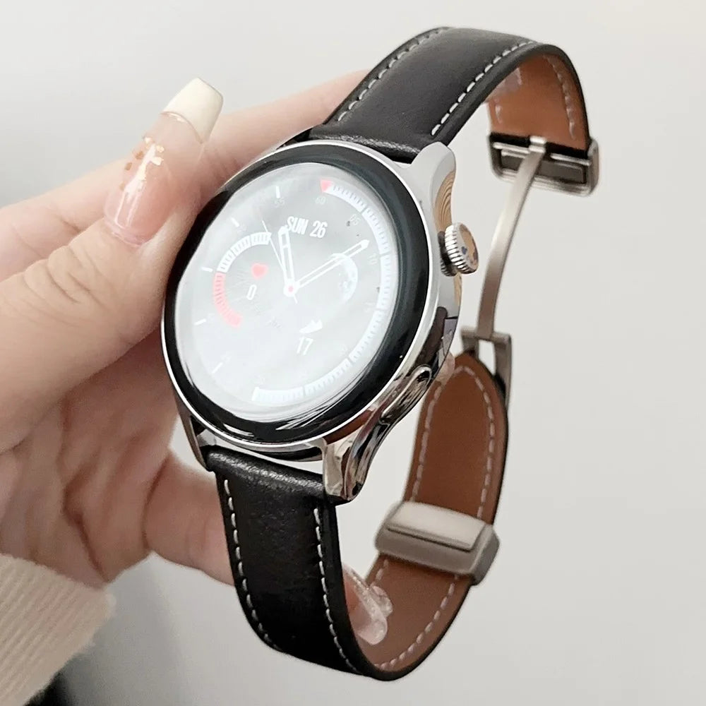 For Samsung Galaxy Watch3 45mm / Huawei Watch 4 Band 22mm Genuine Cow Leather Watch Strap - Waxy Black - 1