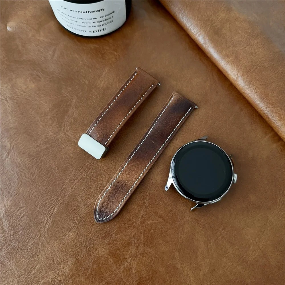 For Samsung Galaxy Watch3 45mm / Huawei Watch 4 Band 22mm Genuine Cow Leather Watch Strap - Waxy Black - 4
