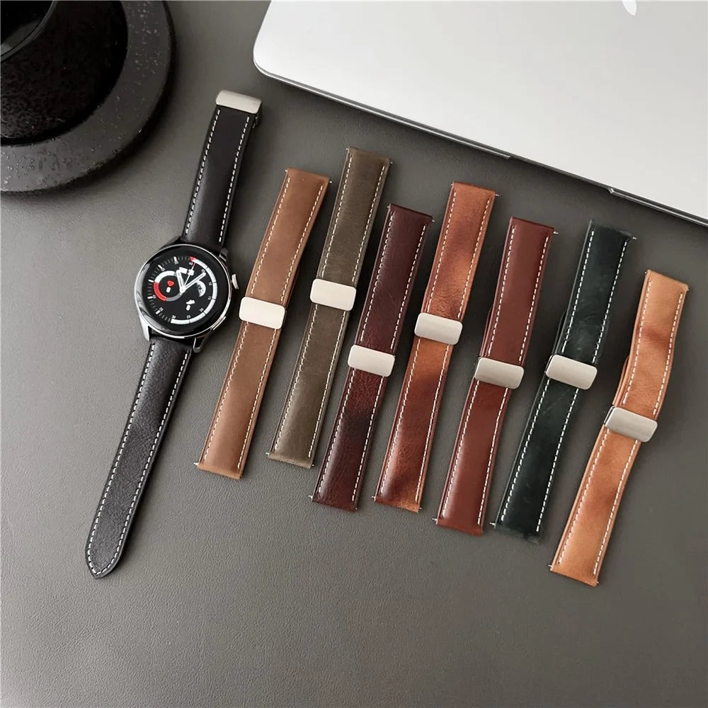 For Samsung Galaxy Watch3 45mm / Huawei Watch 4 Band 22mm Genuine Cow Leather Watch Strap - Waxy Black - 7