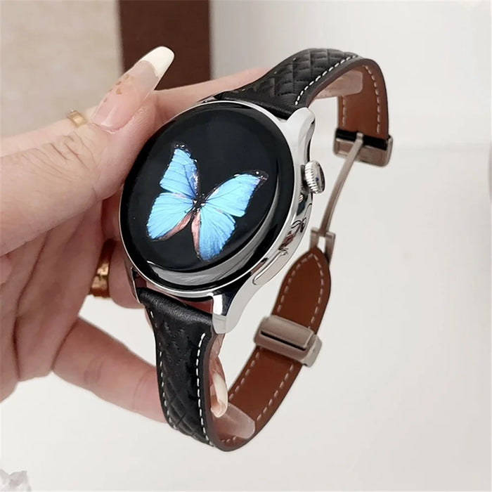 For Samsung Galaxy Watch3 45mm / Huawei Watch Ultimate Genuine Cow Leather 22mm Watch Band with Rhombus Pattern - Black - 1