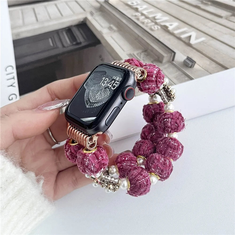 For Apple Watch Series 11 10 42mm / 9 8 7 41mm / SE3 SE2 SE 6 5 4 40mm / 3 2 1 38mm Velvet Cotton Beaded Bracelet - Rose - 2
