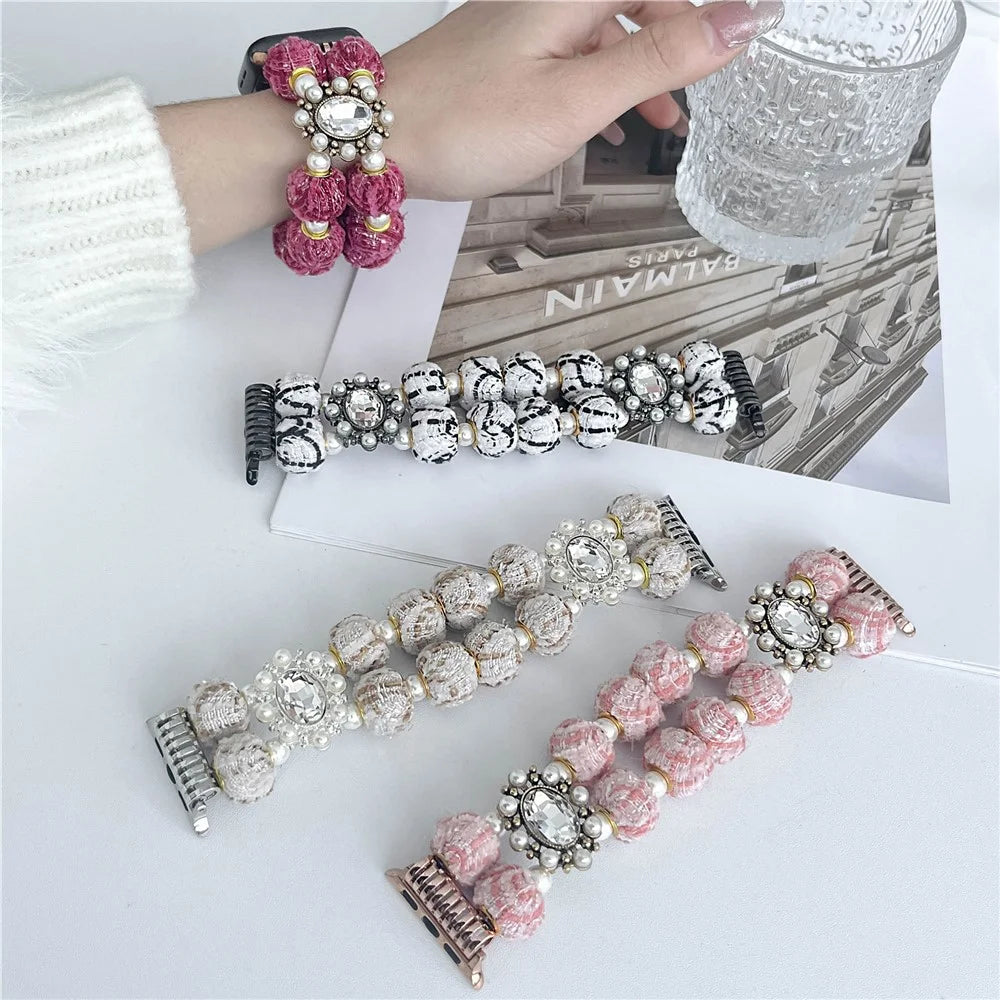 For Apple Watch Series 11 10 42mm / 9 8 7 41mm / SE3 SE2 SE 6 5 4 40mm / 3 2 1 38mm Velvet Cotton Beaded Bracelet - Rose - 4