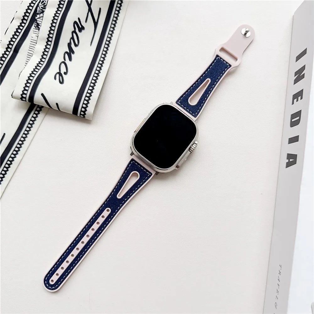 For Apple Watch Series 11 10 42mm / 9 8 7 41mm / SE3 SE2 SE 6 5 4 40mm / 3 2 1 38mm PU Leather+Silicone Watch Band - Navy Blue - 1