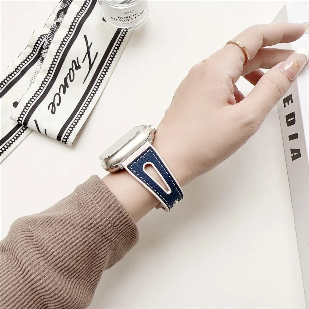 For Apple Watch Series 11 10 42mm / 9 8 7 41mm / SE3 SE2 SE 6 5 4 40mm / 3 2 1 38mm PU Leather+Silicone Watch Band - Navy Blue - 3