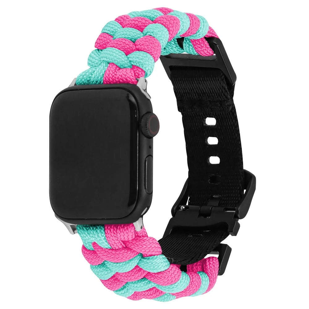 For Apple Watch Series 11 10 42mm / 9 8 7 41mm / SE3 SE2 SE 6 5 4 40mm / 3 2 1 38mm Nylon Rope Watch Band Dual Color - Lake Blue+Pink - 3