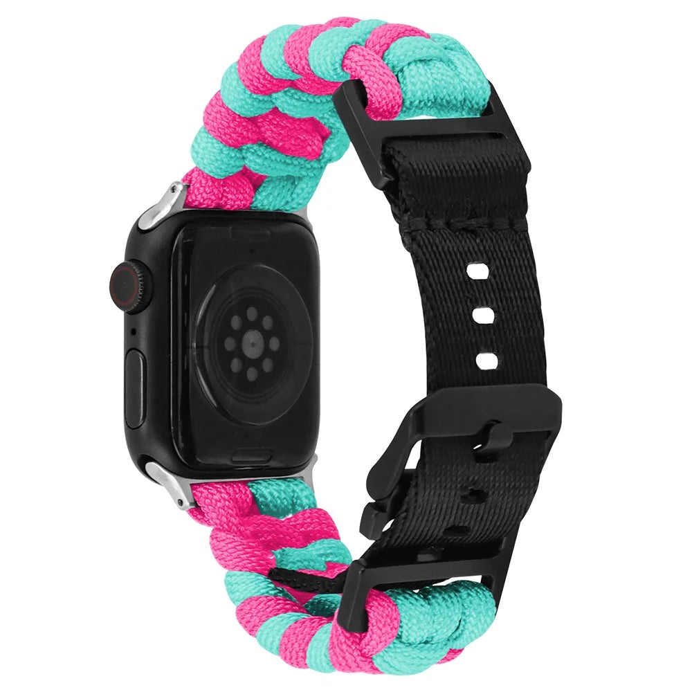 For Apple Watch Ultra 3 2 1 49mm / Series 11 10 46mm / 9 8 7 45mm / SE3 SE2 SE 6 5 4 44mm / 3 2 1 42mm Watch Band Nylon Rope Strap - Lake Blue+Pink - 1