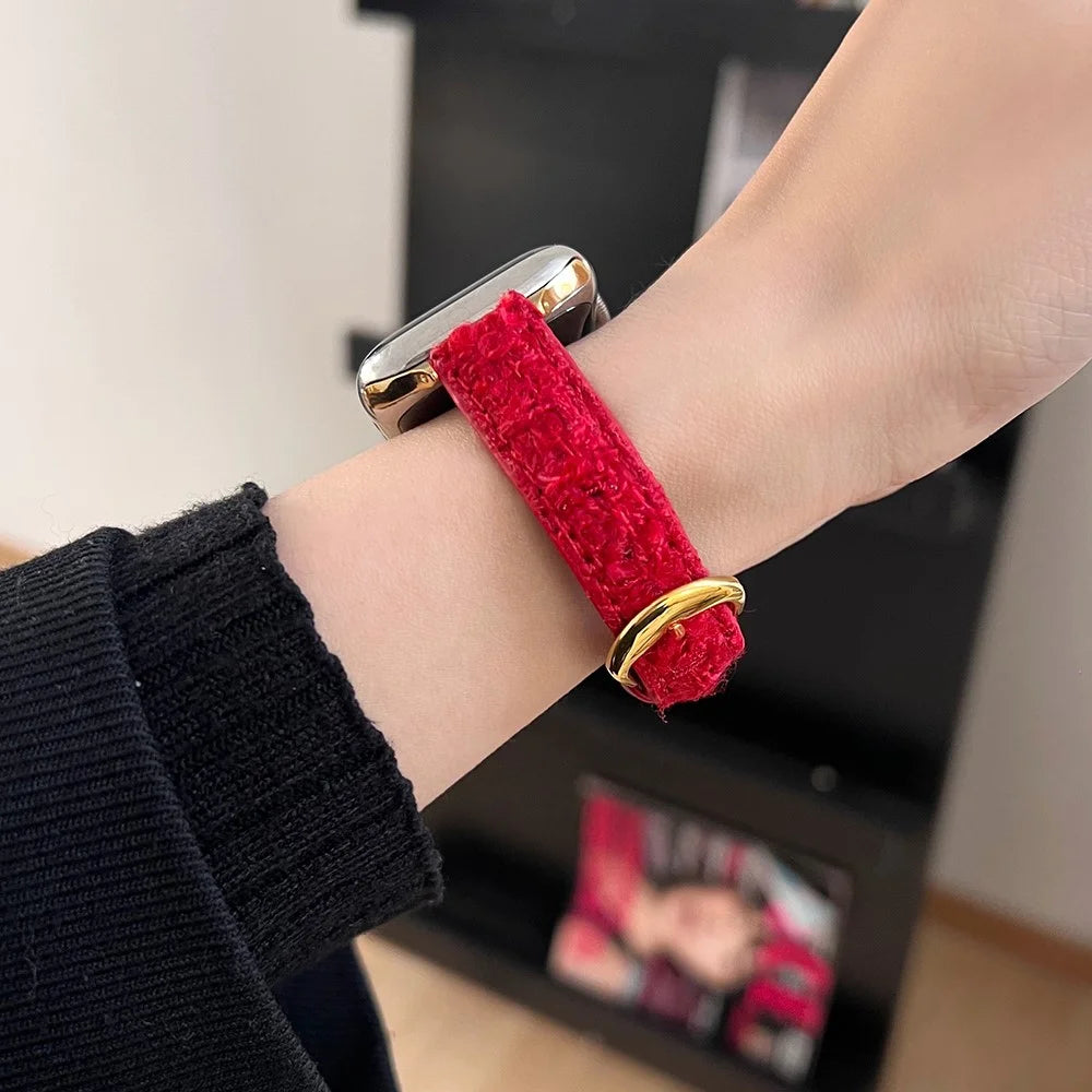 For Apple Watch Series 11 10 42mm / 9 8 7 41mm / SE3 SE2 SE 6 5 4 40mm / 3 2 1 38mm Woolen+Leather Watch Band - Red+Gold Buckle - 6