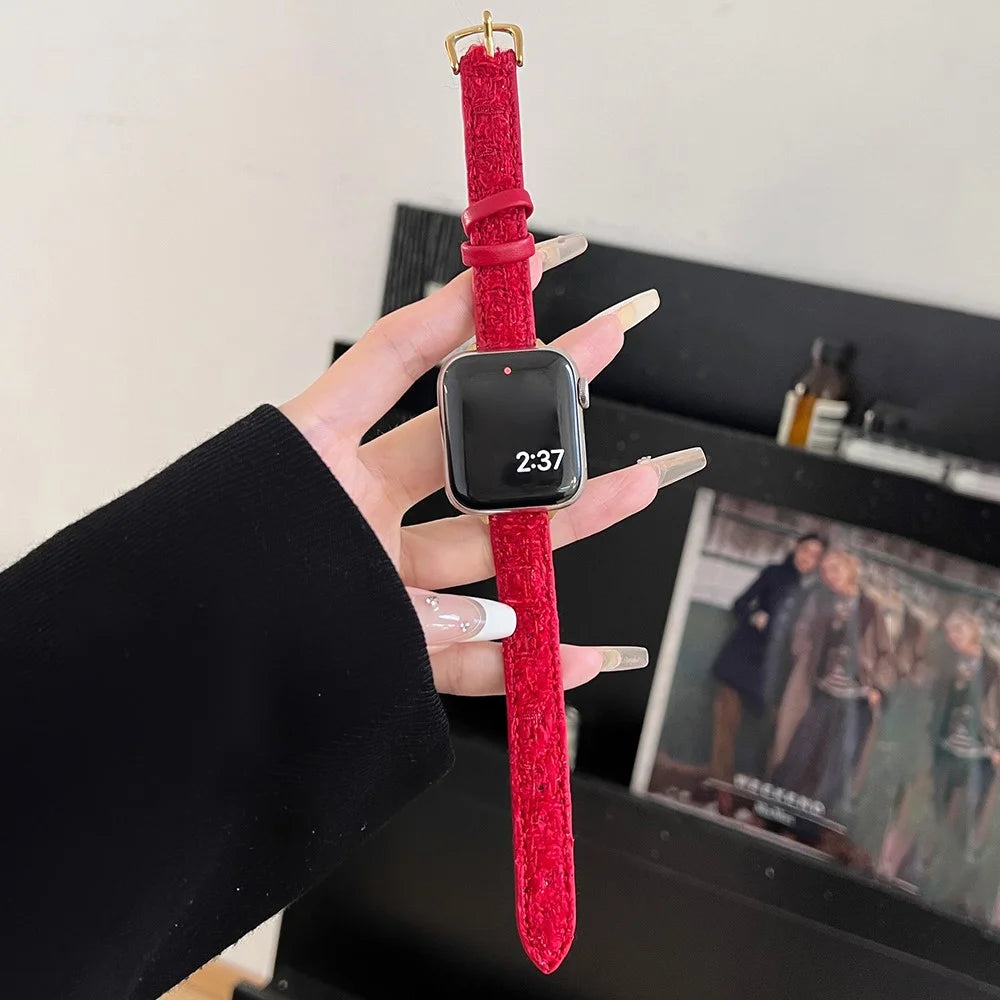 For Apple Watch Ultra 3 2 1 49mm / Series 11 10 46mm / 9 8 7 45mm / SE3 SE2 SE 6 5 4 44mm / 3 2 1 42mm Watch Strap Woolen+Leather - Red+Gold Buckle - 1