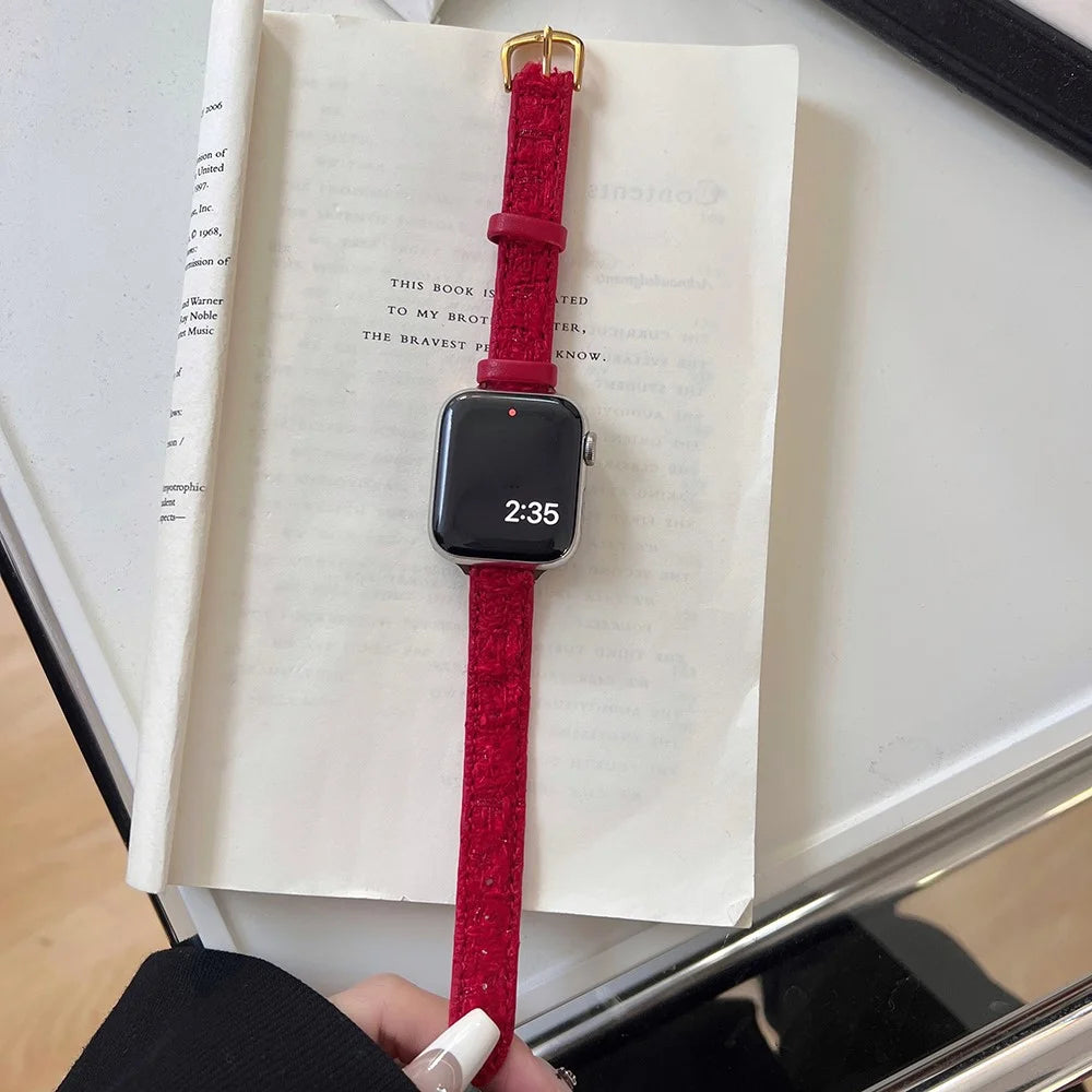 For Apple Watch Ultra 3 2 1 49mm / Series 11 10 46mm / 9 8 7 45mm / SE3 SE2 SE 6 5 4 44mm / 3 2 1 42mm Watch Strap Woolen+Leather - Red+Gold Buckle - 2