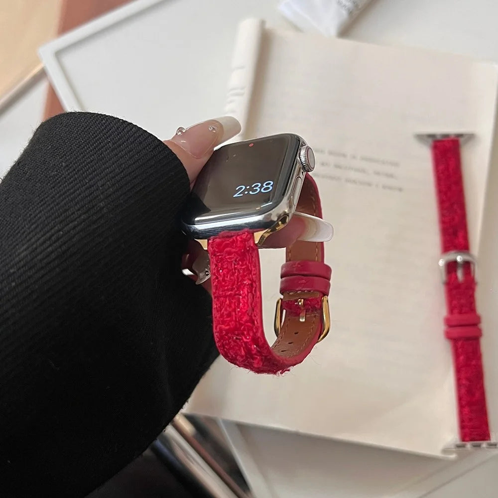 For Apple Watch Ultra 3 2 1 49mm / Series 11 10 46mm / 9 8 7 45mm / SE3 SE2 SE 6 5 4 44mm / 3 2 1 42mm Watch Strap Woolen+Leather - Red+Gold Buckle - 3