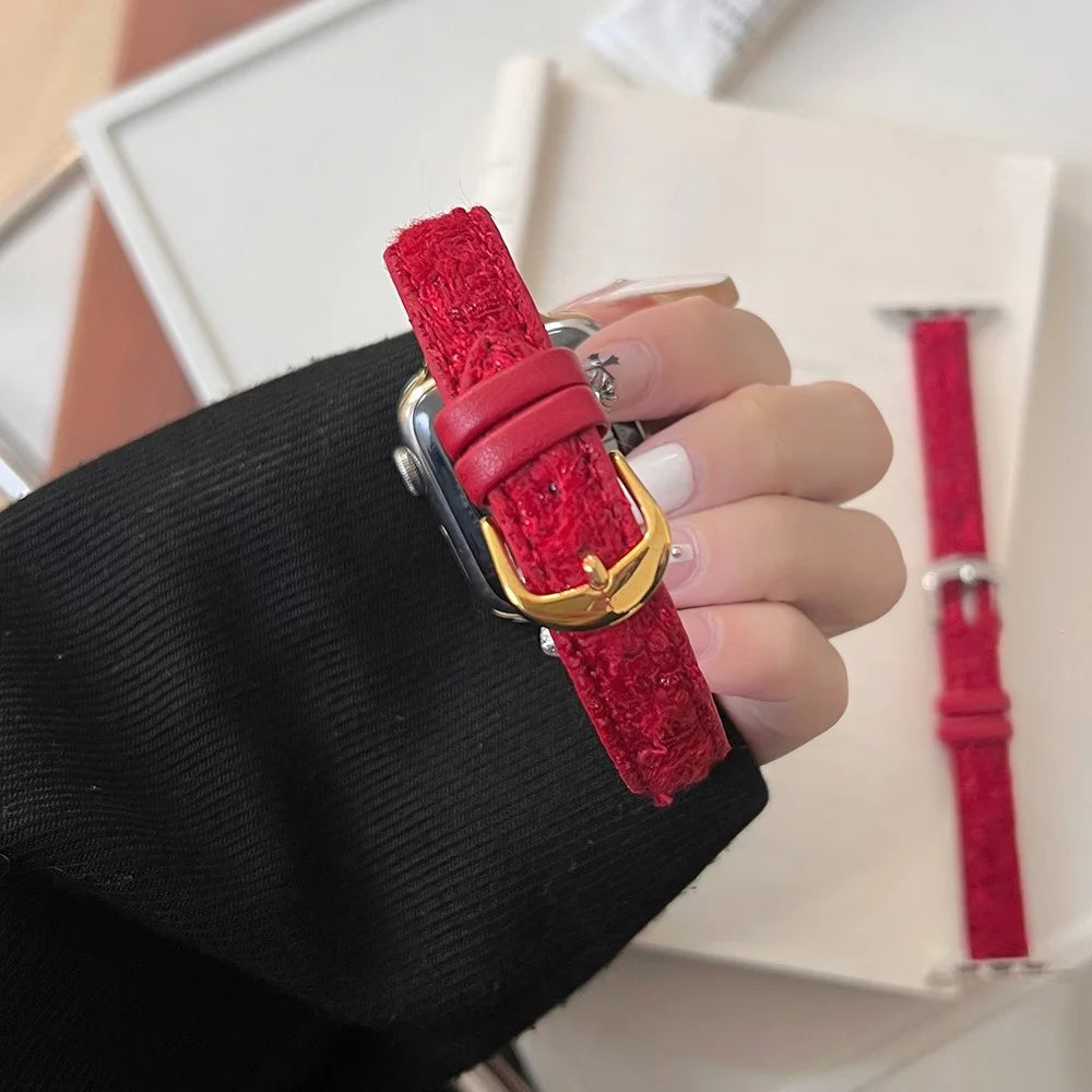 For Apple Watch Ultra 3 2 1 49mm / Series 11 10 46mm / 9 8 7 45mm / SE3 SE2 SE 6 5 4 44mm / 3 2 1 42mm Watch Strap Woolen+Leather - Red+Gold Buckle - 5