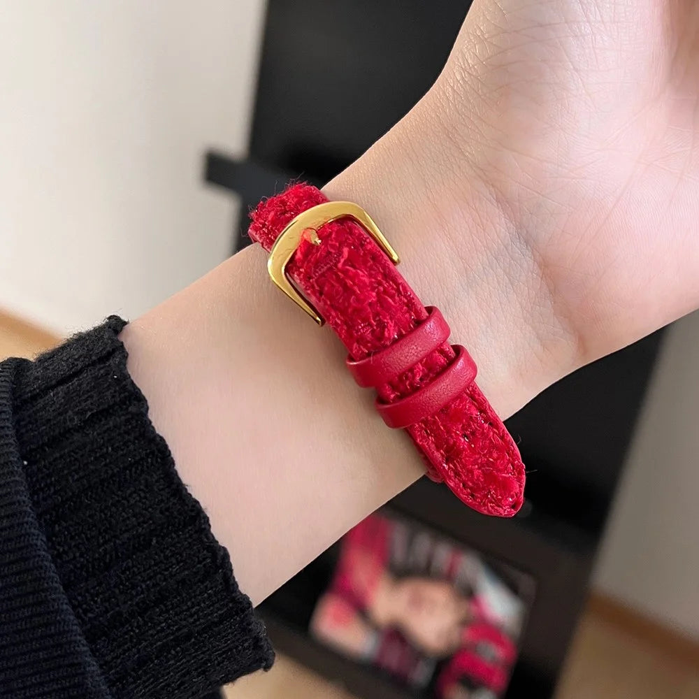 For Apple Watch Ultra 3 2 1 49mm / Series 11 10 46mm / 9 8 7 45mm / SE3 SE2 SE 6 5 4 44mm / 3 2 1 42mm Watch Strap Woolen+Leather - Red+Gold Buckle - 7