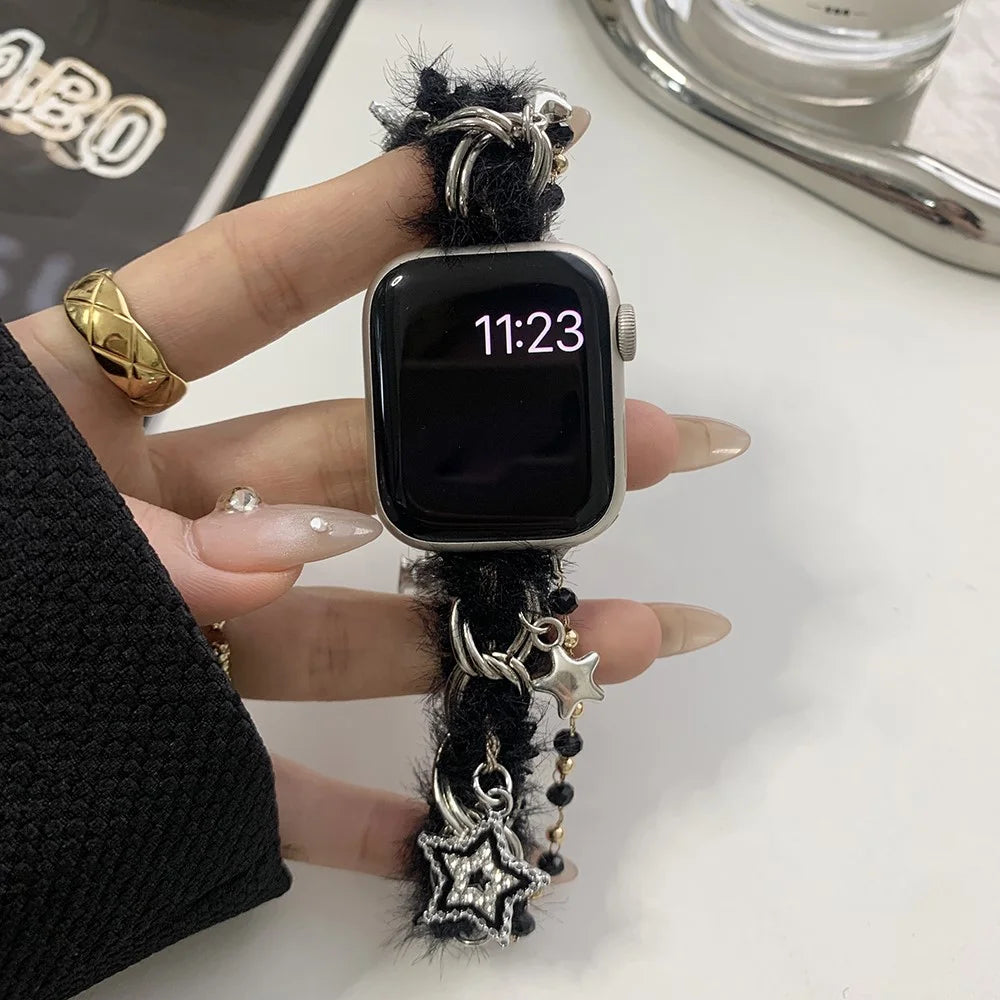 For Apple Watch Series 11 10 42mm / 9 8 7 41mm / SE3 SE2 SE 6 5 4 40mm / 3 2 1 38mm Adjustable Plush Watch Strap - Black+Silver - 1