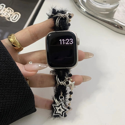 For Apple Watch Series 11 10 42mm / 9 8 7 41mm / SE3 SE2 SE 6 5 4 40mm / 3 2 1 38mm Adjustable Plush Watch Strap - Black+Silver - 1