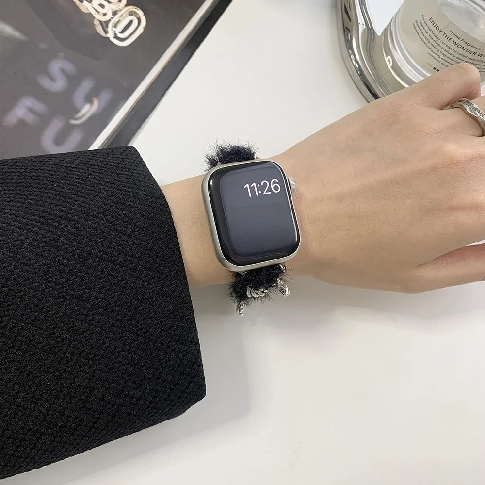 For Apple Watch Series 11 10 42mm / 9 8 7 41mm / SE3 SE2 SE 6 5 4 40mm / 3 2 1 38mm Adjustable Plush Watch Strap - Black+Silver - 3
