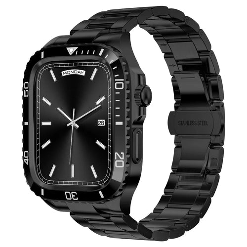 For Apple Watch Series 9 / 8 / 7 45mm Stainless Steel Replacement Strap with Integrated Watch Case - Black - 1