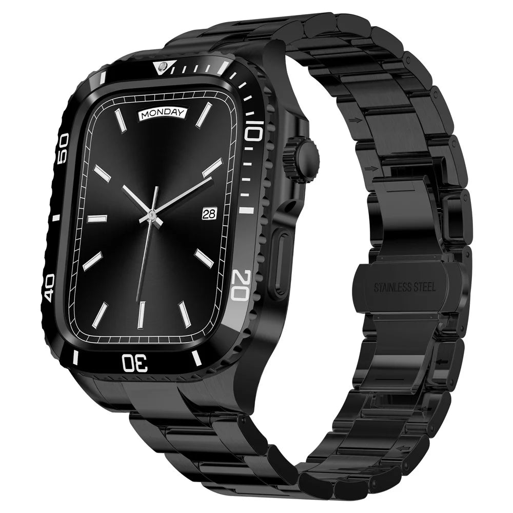 For Apple Watch Series 9 / 8 / 7 45mm Stainless Steel Replacement Strap with Integrated Watch Case - Black - 2