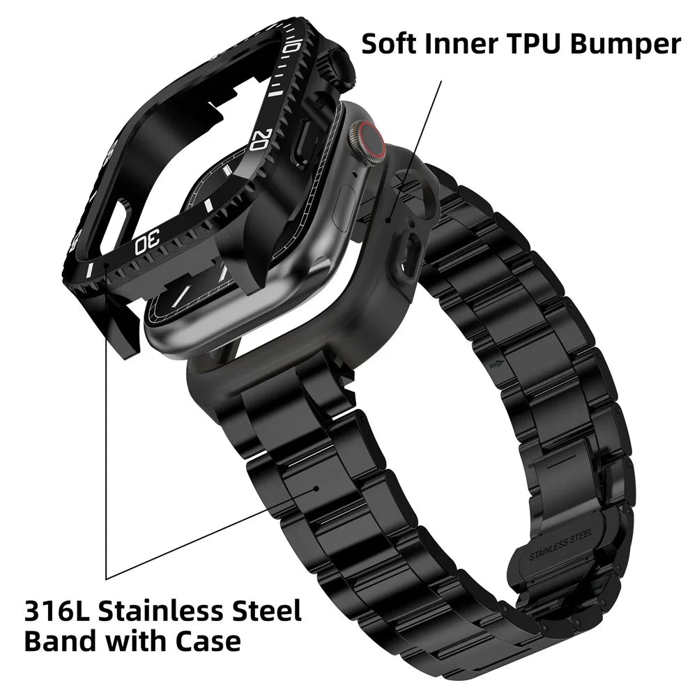 For Apple Watch Series 9 / 8 / 7 45mm Stainless Steel Replacement Strap with Integrated Watch Case - Black - 3