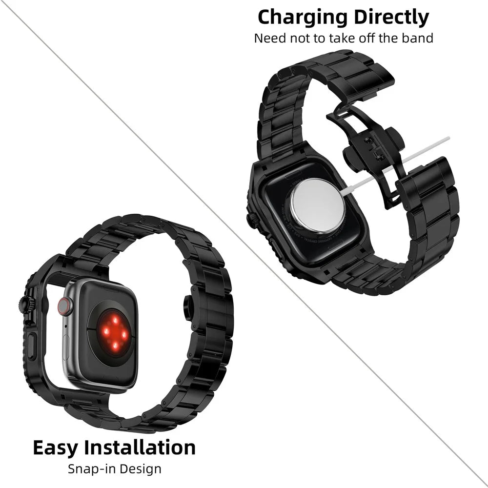 For Apple Watch Series 9 / 8 / 7 45mm Stainless Steel Replacement Strap with Integrated Watch Case - Black - 4