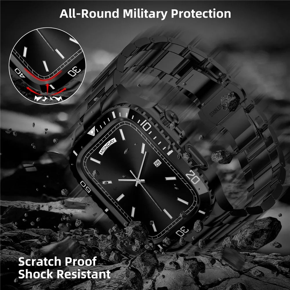 For Apple Watch Series 9 / 8 / 7 45mm Stainless Steel Replacement Strap with Integrated Watch Case - Black - 5