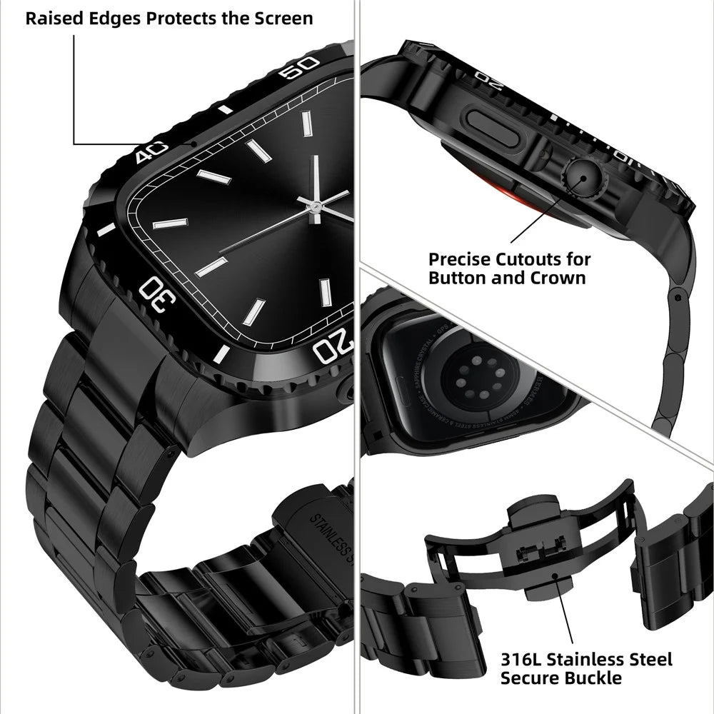 For Apple Watch Series 9 / 8 / 7 45mm Stainless Steel Replacement Strap with Integrated Watch Case - Black - 6