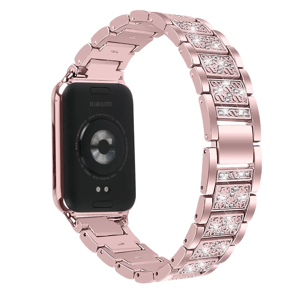 Zinc Alloy Watch Strap for Xiaomi Smart Band 10 Pro / 9 Pro / 8 Pro / Redmi Watch 6 / 5 / 4 S-Shape Texture Rhinestone Decor Bracelet - Rose Pink - 1