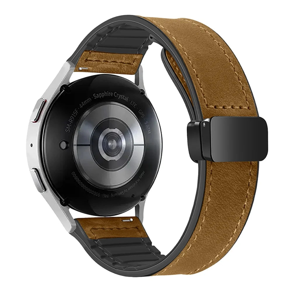 For Samsung Galaxy Gear S3 Classic / Huawei Watch GT 4 46mm Magnetic Genuine Cow Leather Watch Strap, 22mm - Light Brown - 1