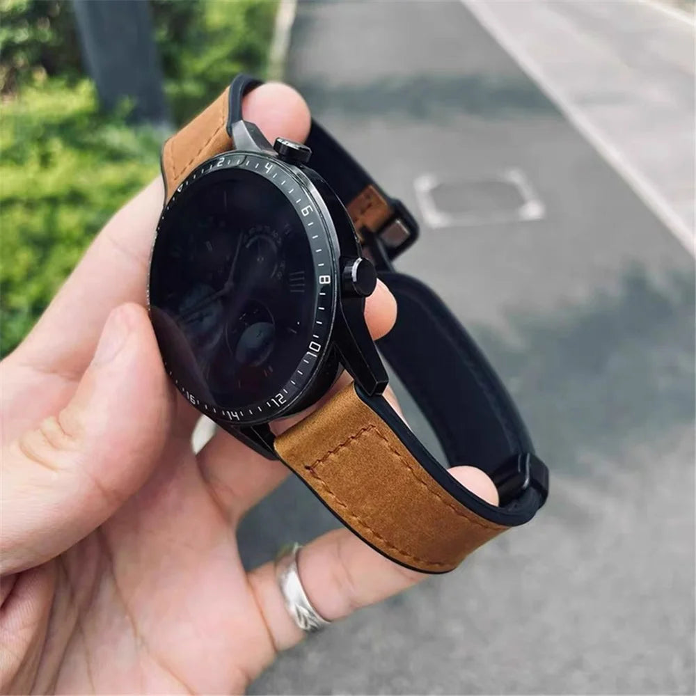 For Samsung Galaxy Gear S3 Classic / Huawei Watch GT 4 46mm Magnetic Genuine Cow Leather Watch Strap, 22mm - Light Brown - 2
