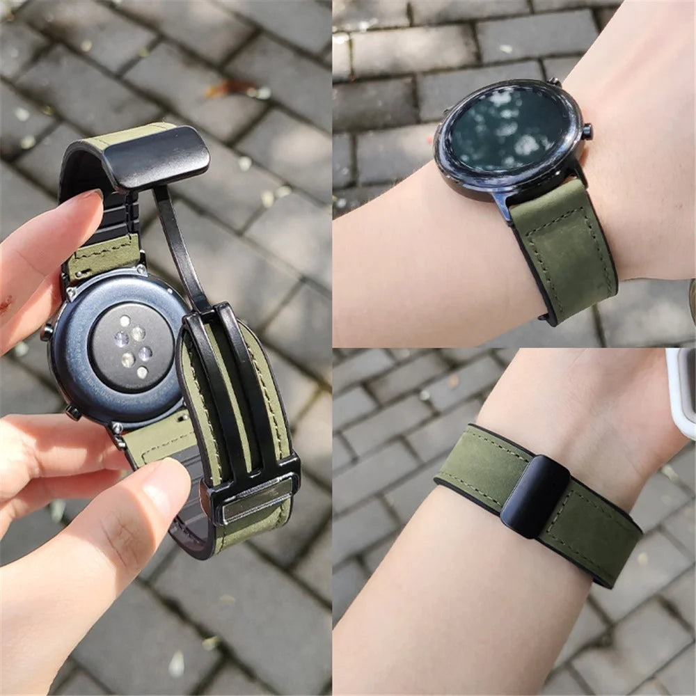 For Samsung Galaxy Gear S3 Classic / Huawei Watch GT 4 46mm Magnetic Genuine Cow Leather Watch Strap, 22mm - Light Brown - 4