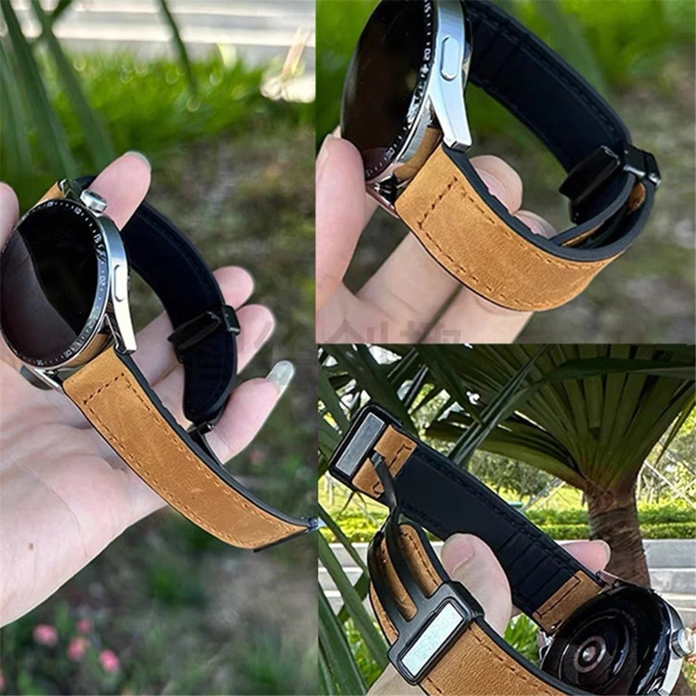 For Samsung Galaxy Gear S3 Classic / Huawei Watch GT 4 46mm Magnetic Genuine Cow Leather Watch Strap, 22mm - Light Brown - 6