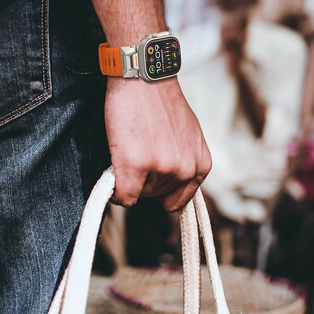 Fluorine Rubber Strap for Apple Watch Ultra 3 2 1 49mm / Series 11 10 46mm / 9 8 7 45mm / SE3 SE2 SE 6 5 4 44mm / 3 2 1 42mm Wrist Band - Orange - 6