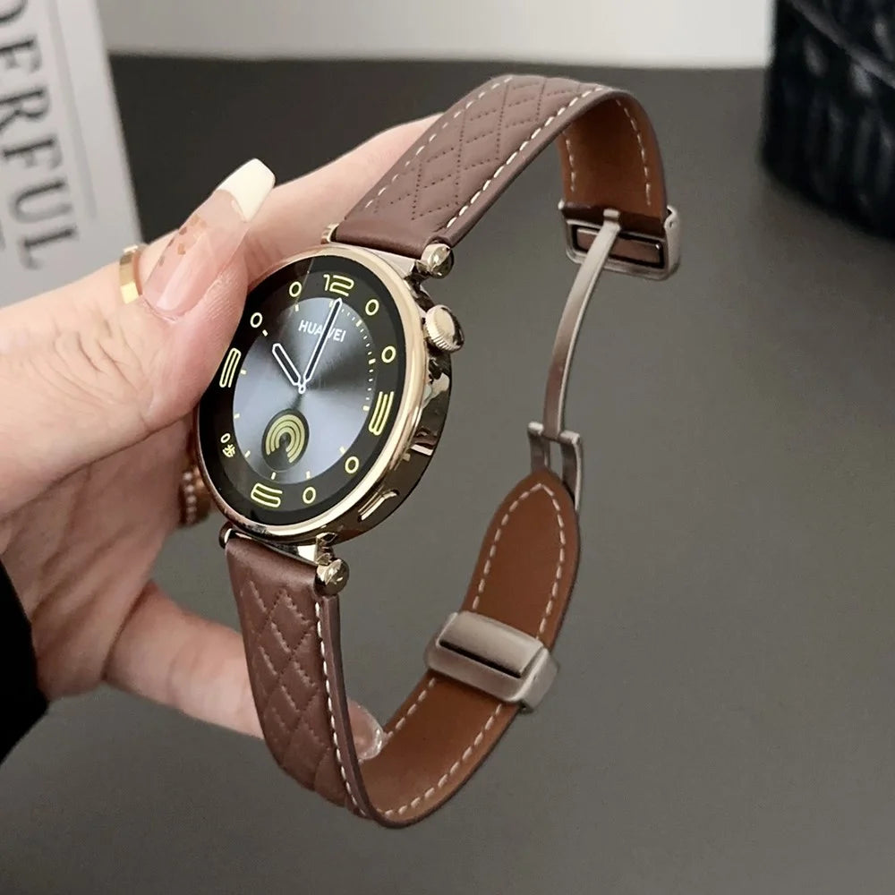 For Huawei Watch GT 4 41mm / Garmin Venu 3S Genuine Cow Leather Band 18mm Magnetic Buckle Strap - Coffee - 1